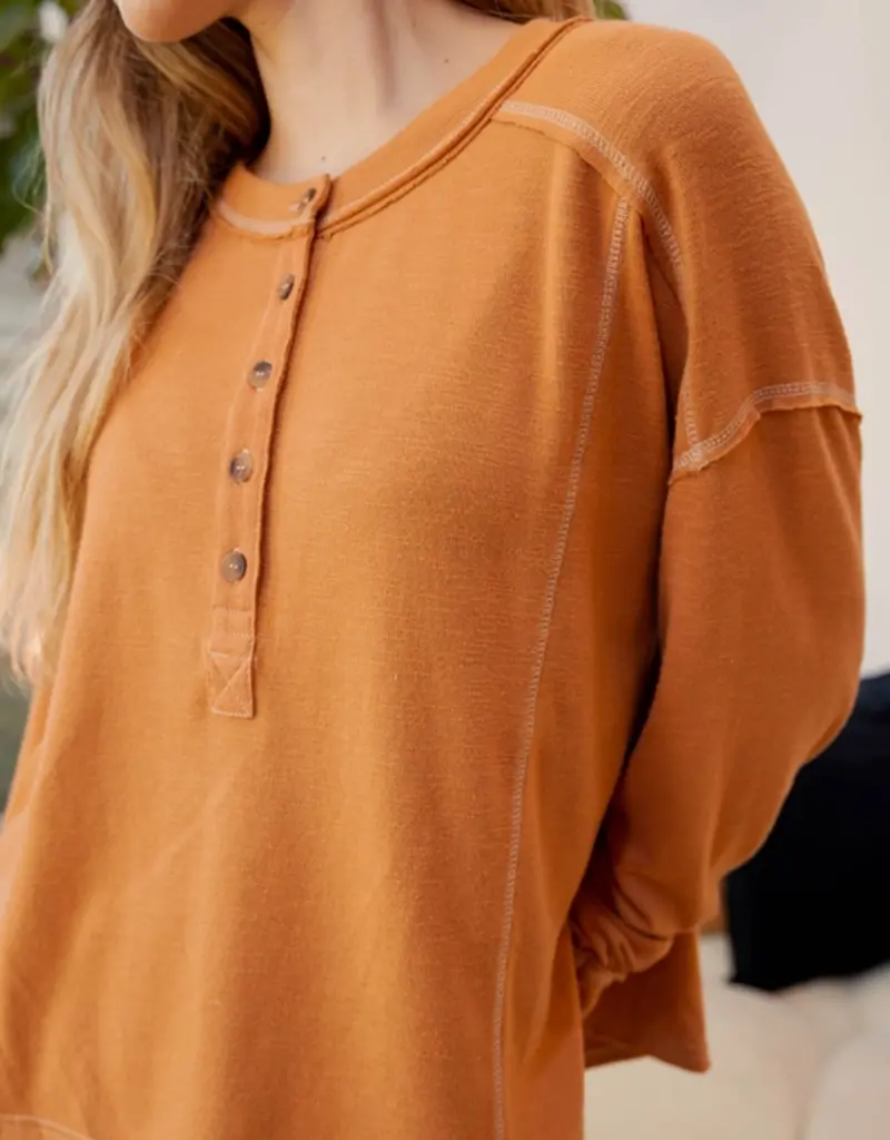 Henley Knit Top With Contrast Stitching