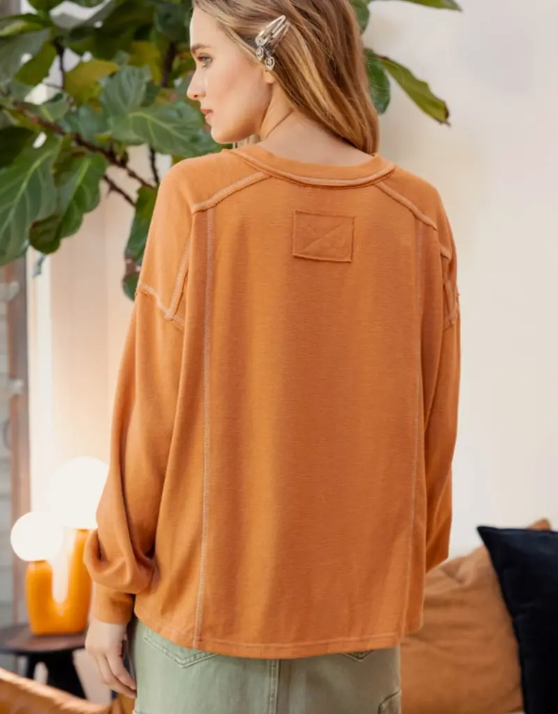 Henley Knit Top With Contrast Stitching