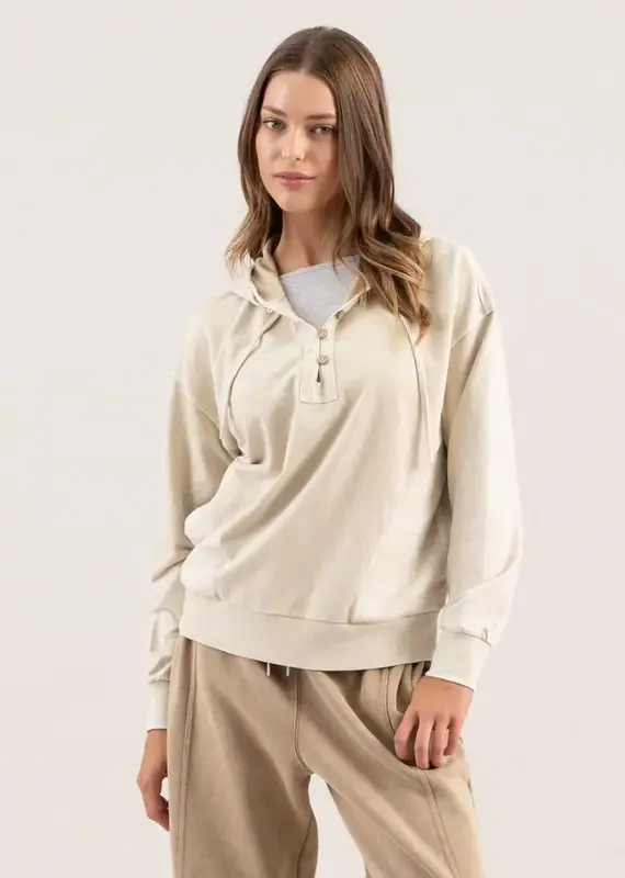 Washed Hooded Henley Knit Sweater