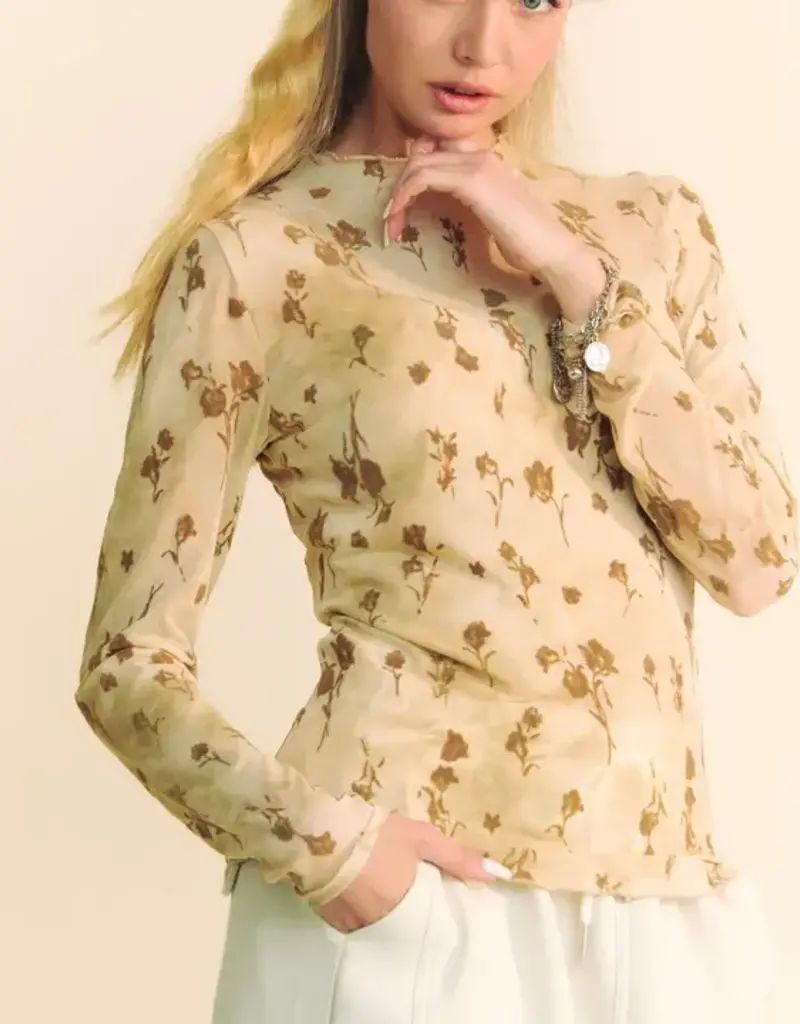 Floral Mesh Long Sleeve Sheer Layering Top