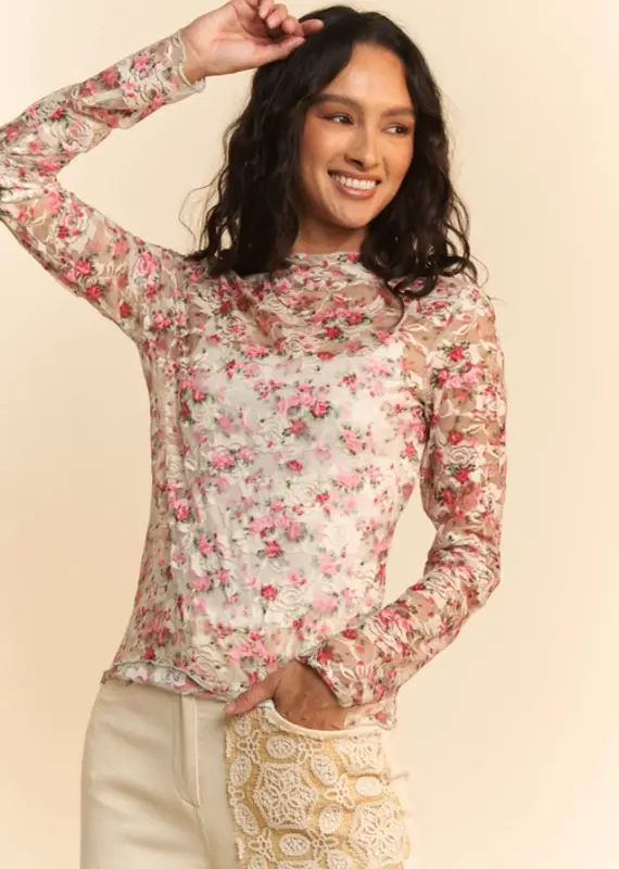 Floral Print Mesh Long Sleeve Layering Top
