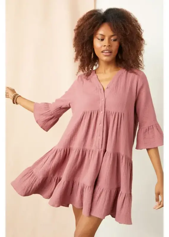 Lilith Elbow Sleeve Gauze Dress - Available in French Rose & Surf Blue