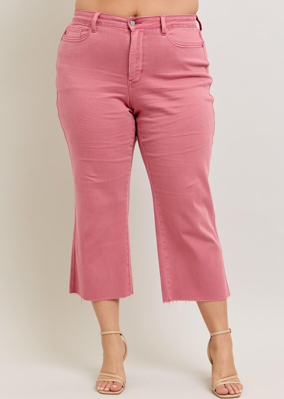 CURVY HW Garment Dyed Raw Hem Wide Leg Crop Jean