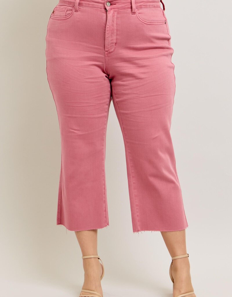 CURVY HW Garment Dyed Raw Hem Wide Leg Crop Jean