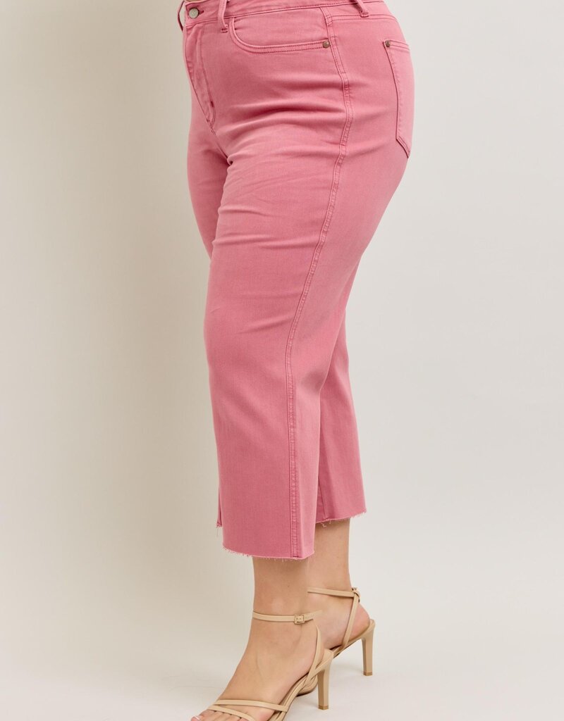 CURVY HW Garment Dyed Raw Hem Wide Leg Crop Jean
