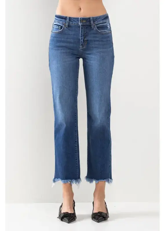 Mid Rise Cropped Straight Leg Jeans w/ Fray Hem