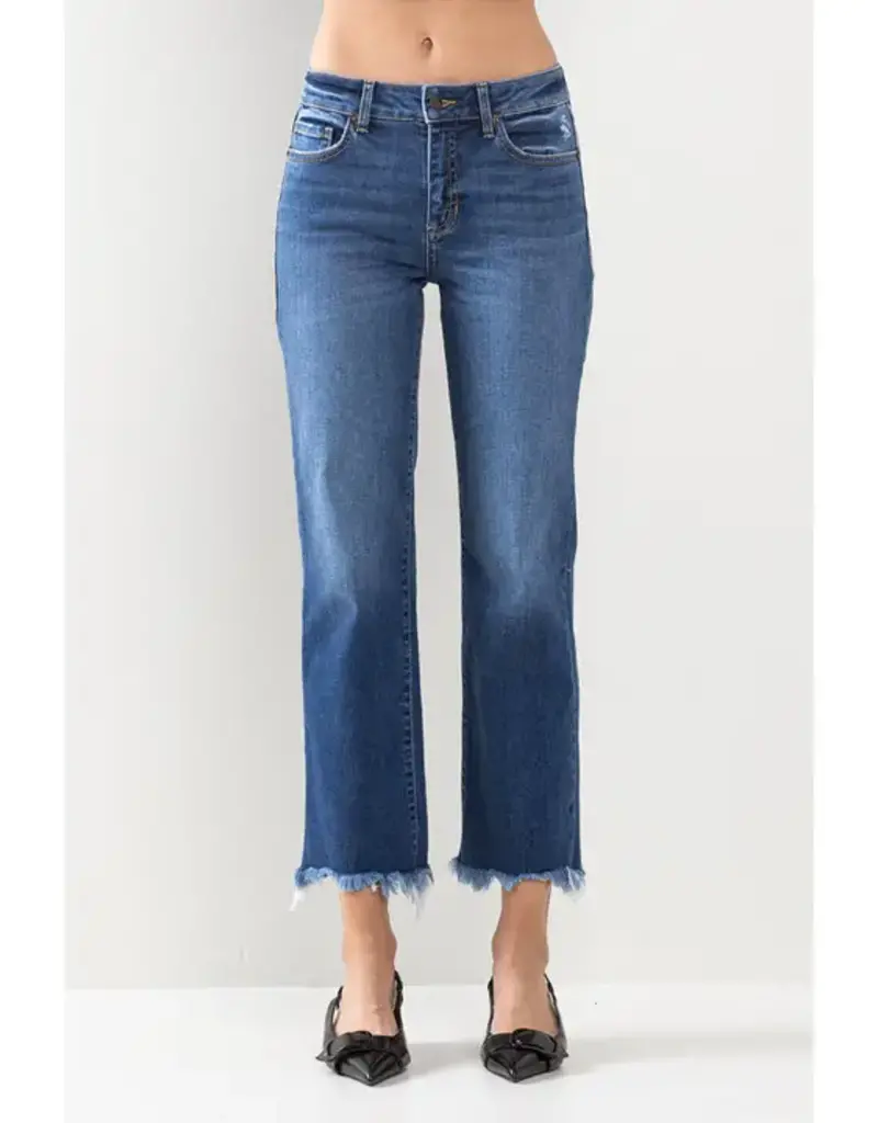 Mid Rise Cropped Straight Leg Jeans w/ Fray Hem