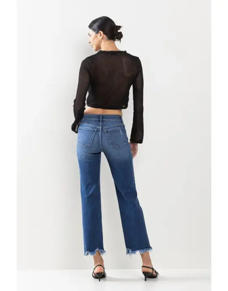 Mid Rise Cropped Straight Leg Jeans w/ Fray Hem