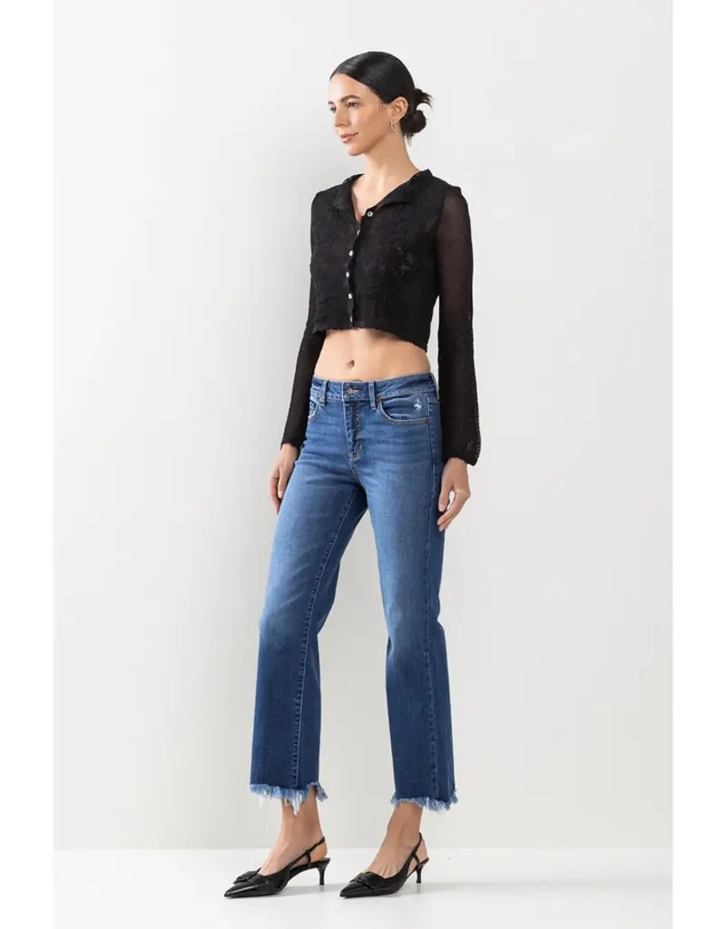 Mid Rise Cropped Straight Leg Jeans w/ Fray Hem