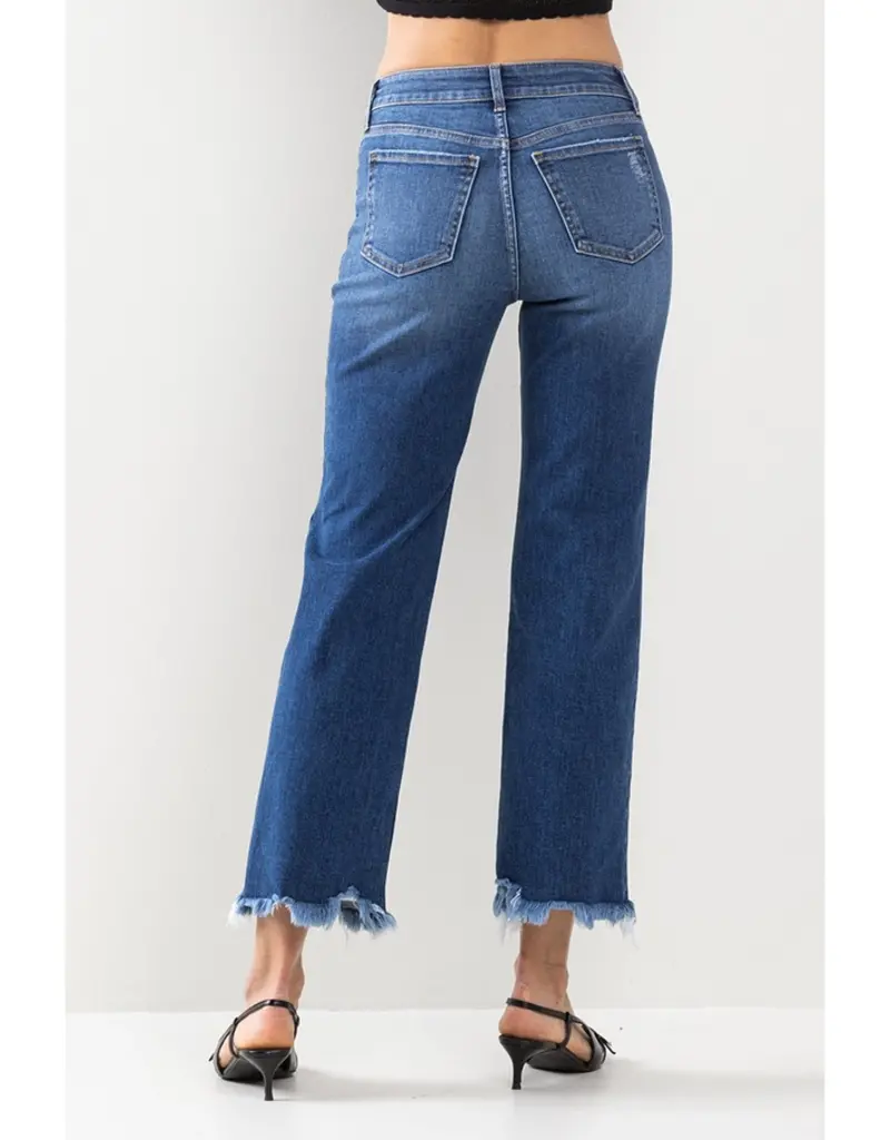 Mid Rise Cropped Straight Leg Jeans w/ Fray Hem