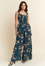 Floral Ruffle Square Neck Smocking Bodice Jumpsuit