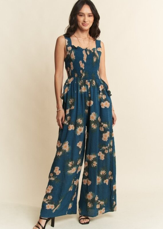 Floral Ruffle Square Neck Smocking Bodice Jumpsuit
