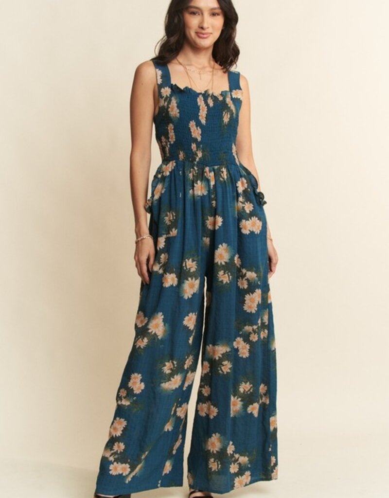 Floral Ruffle Square Neck Smocking Bodice Jumpsuit