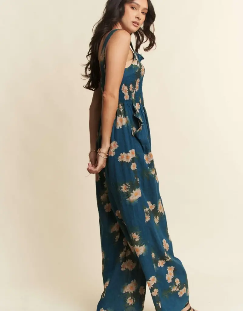 Floral Ruffle Square Neck Smocking Bodice Jumpsuit