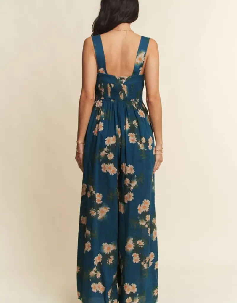 Floral Ruffle Square Neck Smocking Bodice Jumpsuit