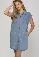 Bow Print Denim Button Up Dress