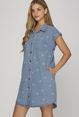 Bow Print Denim Button Up Dress