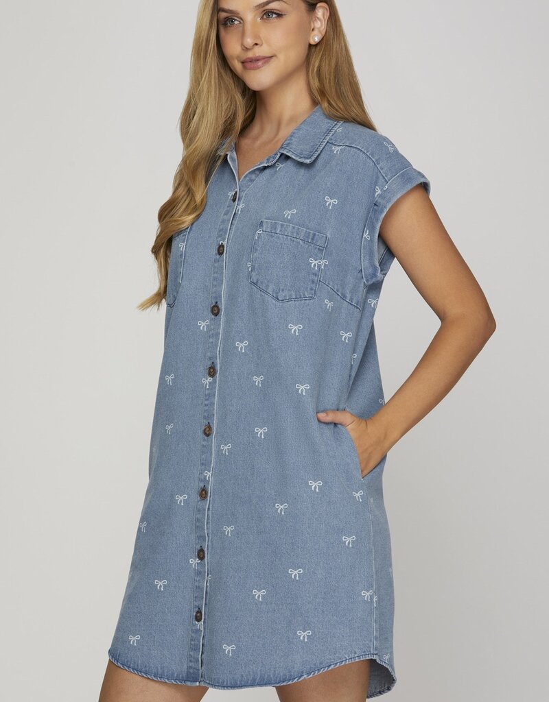 Bow Print Denim Button Up Dress