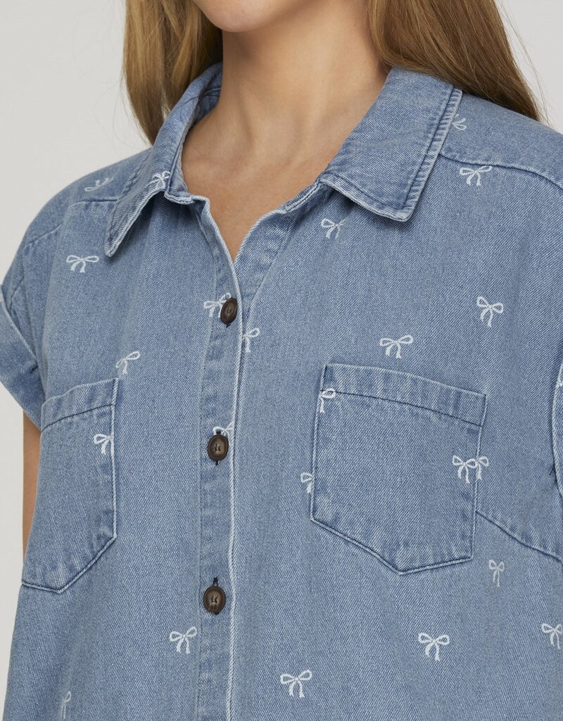 Bow Print Denim Button Up Dress