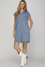 Bow Print Denim Button Up Dress