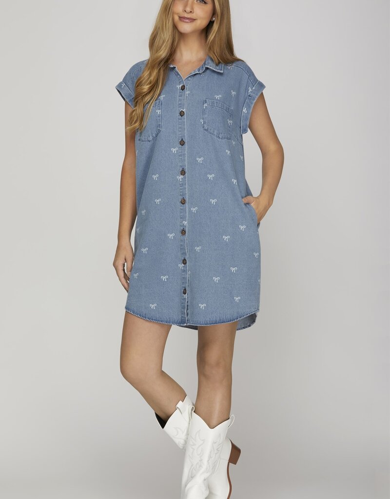 Bow Print Denim Button Up Dress