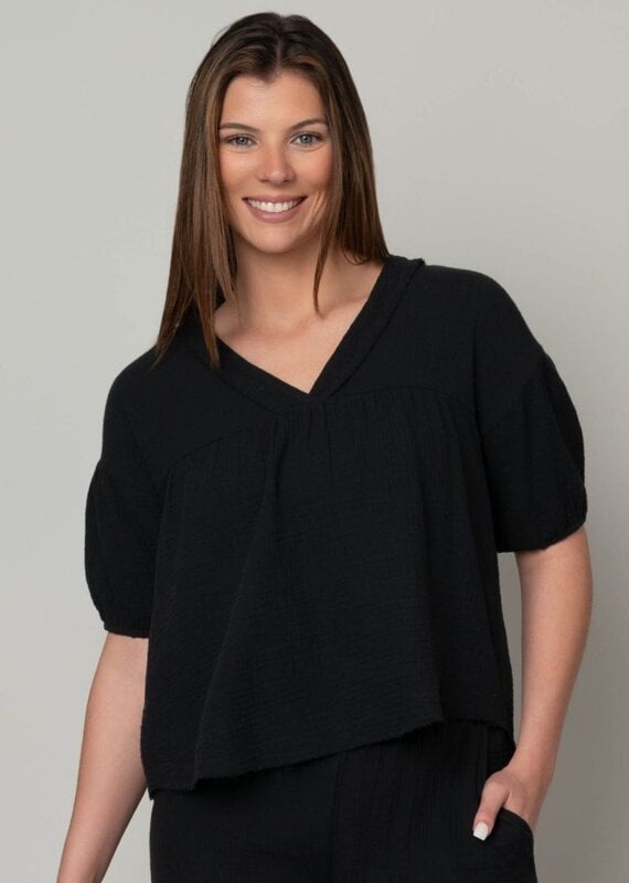 Fun Day Gauze V-Neck Elbow Puff Sleeve Top