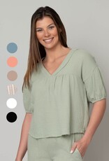 Fun Day Gauze V-Neck Elbow Puff Sleeve Top