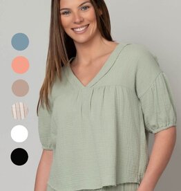 Fun Day Gauze V-Neck Elbow Puff Sleeve Top