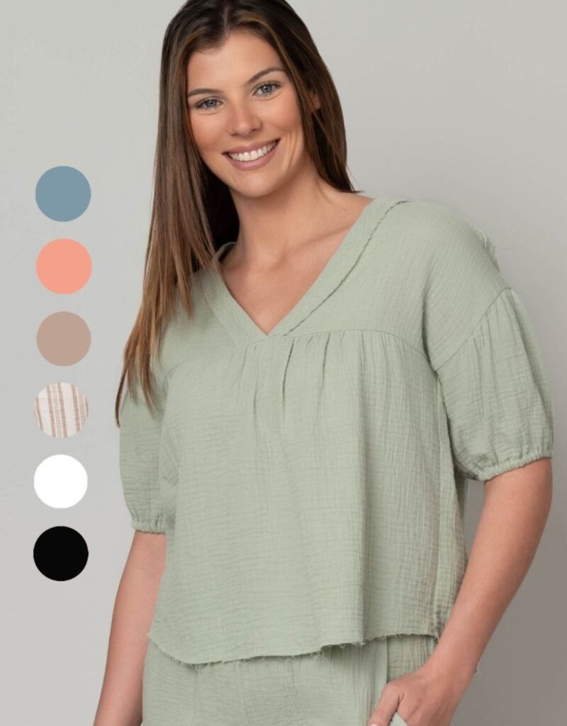 Fun Day Gauze V-Neck Elbow Puff Sleeve Top