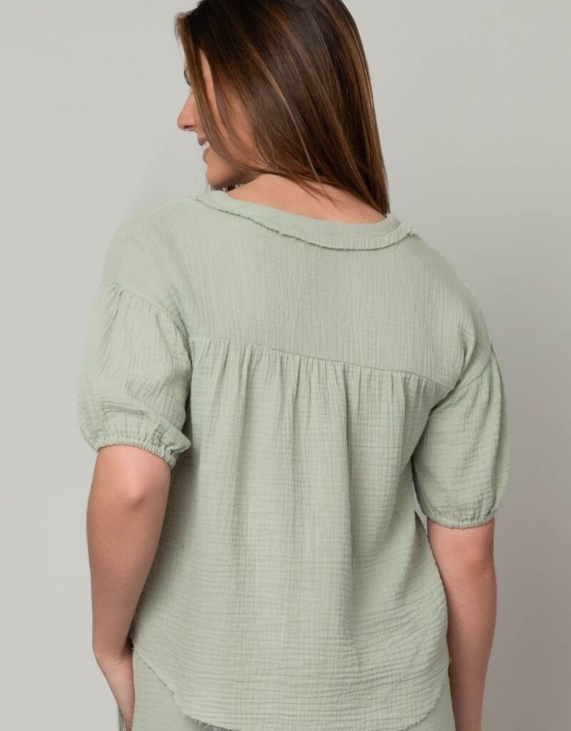 Fun Day Gauze V-Neck Elbow Puff Sleeve Top