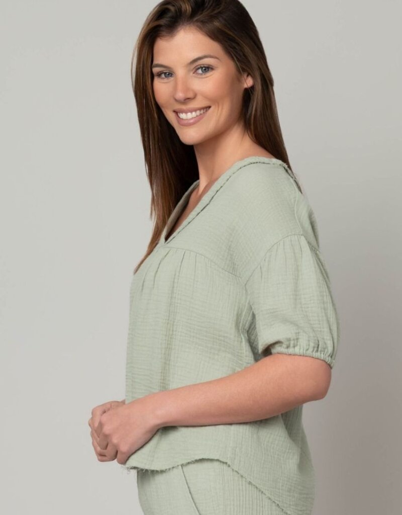 Fun Day Gauze V-Neck Elbow Puff Sleeve Top