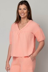 Fun Day Gauze V-Neck Elbow Puff Sleeve Top