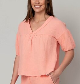 Fun Day Gauze V-Neck Elbow Puff Sleeve Top