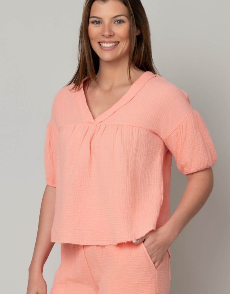 Fun Day Gauze V-Neck Elbow Puff Sleeve Top