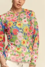 Flower Printed Mesh Round Neck Long Sleeve Top