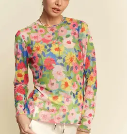Flower Printed Mesh Round Neck Long Sleeve Top