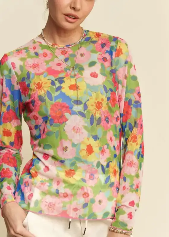 Flower Printed Mesh Round Neck Long Sleeve Top
