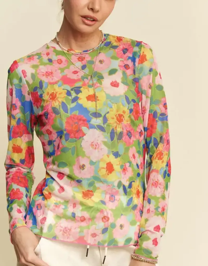 Flower Printed Mesh Round Neck Long Sleeve Top