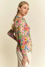 Flower Printed Mesh Round Neck Long Sleeve Top