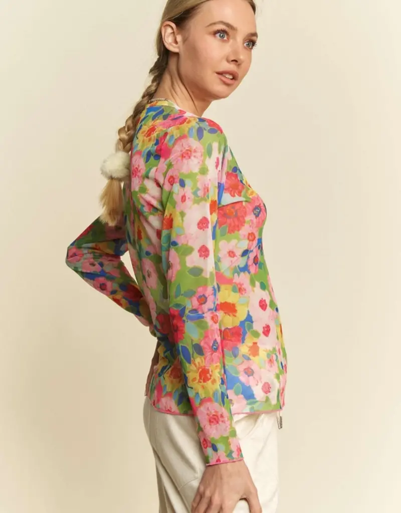 Flower Printed Mesh Round Neck Long Sleeve Top