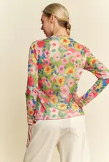 Flower Printed Mesh Round Neck Long Sleeve Top