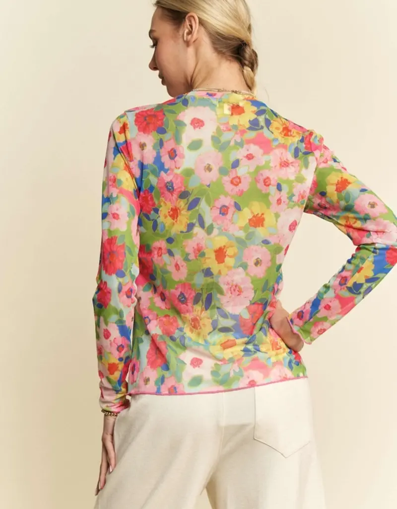 Flower Printed Mesh Round Neck Long Sleeve Top