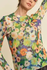 Flower Printed Mesh Round Neck Long Sleeve Top