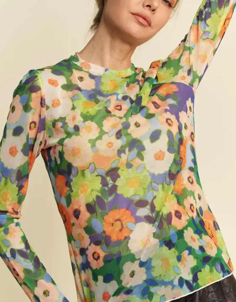 Flower Printed Mesh Round Neck Long Sleeve Top