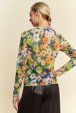 Flower Printed Mesh Round Neck Long Sleeve Top