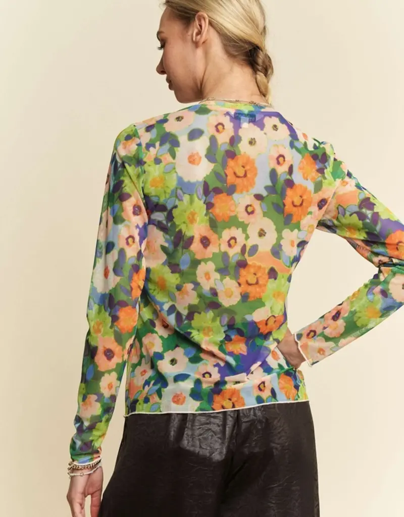 Flower Printed Mesh Round Neck Long Sleeve Top