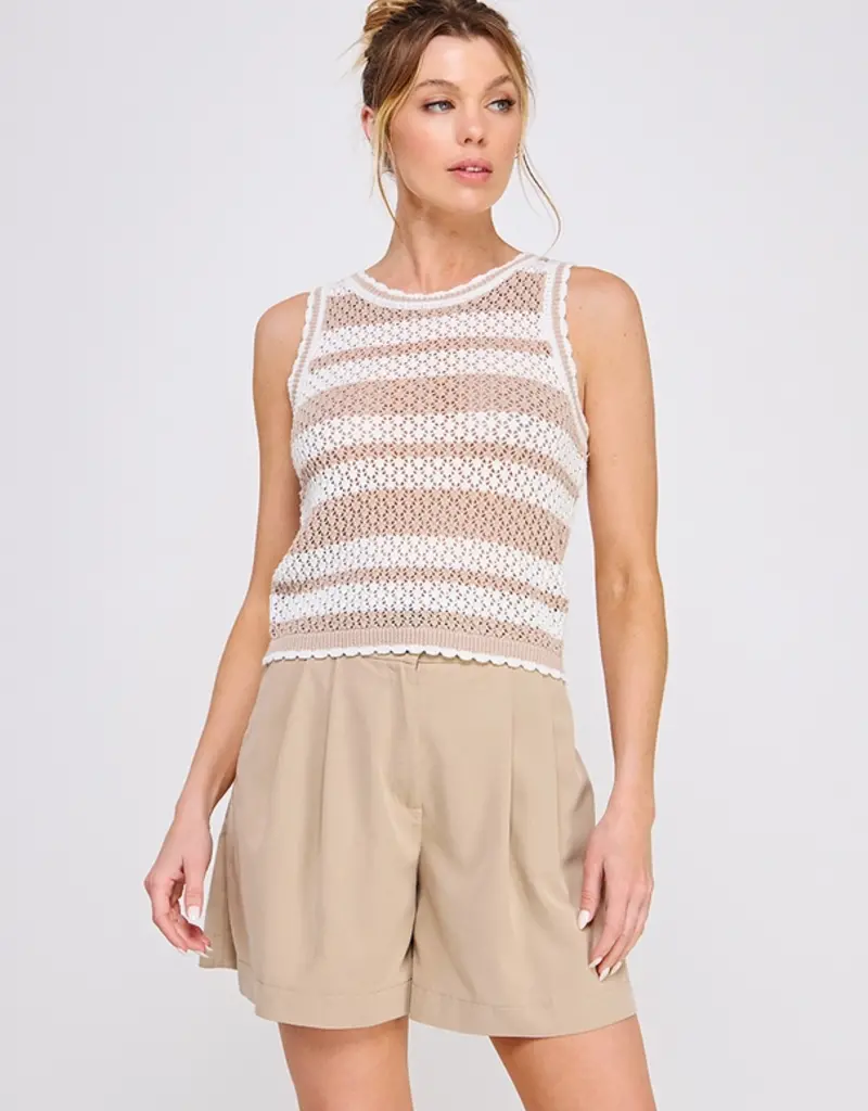 Striped Crochet Knit Tank with Scallop Edges