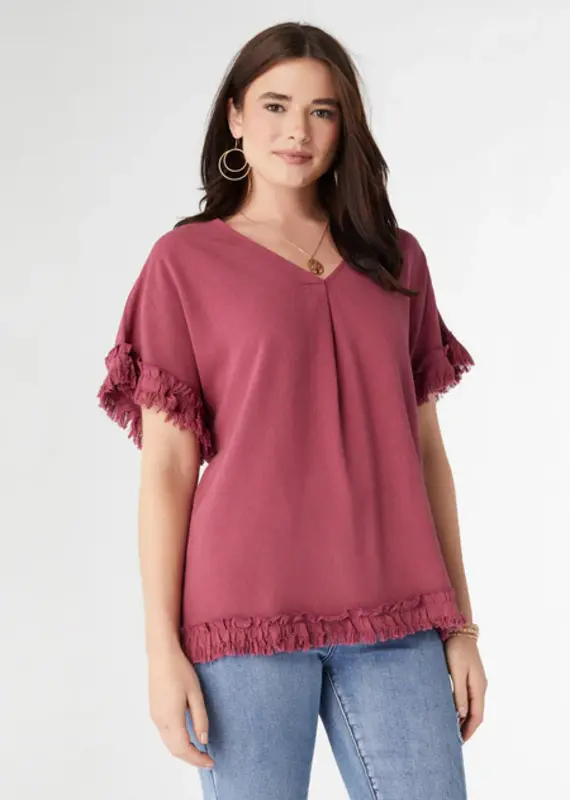 River Flowy Short Sleeve Top with Fringe