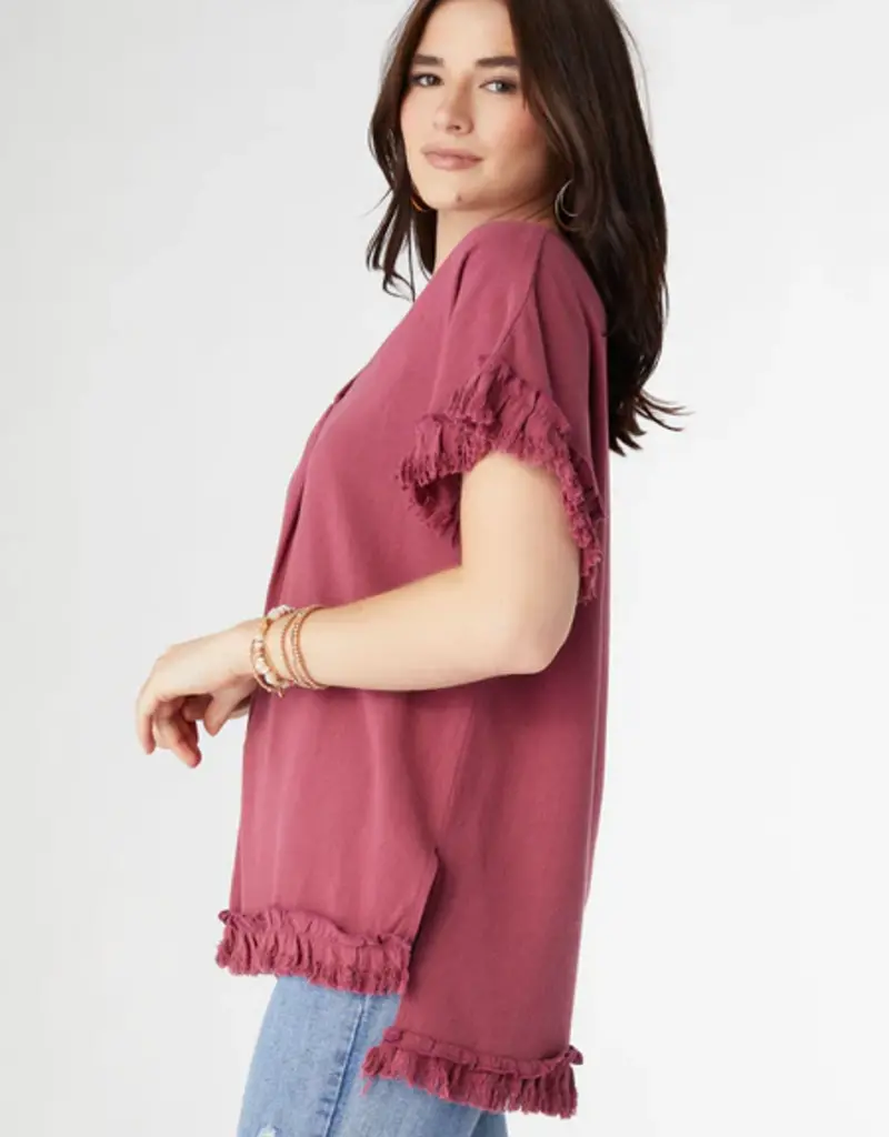 River Flowy Short Sleeve Top with Fringe