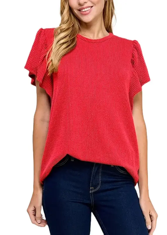 Rib Knit Flutter Sleeve Top
